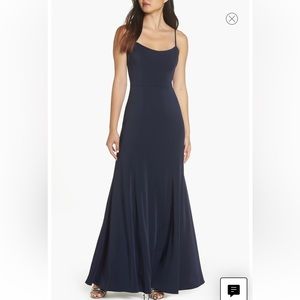 Jenny Yoo Aniston Crepe Trumpet Gown Navy